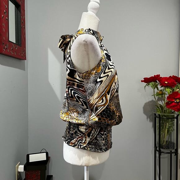 NEW Cache Metallic Shimmer Disco Queen Sleeveless Halter Tie Neck Smocked Top XS - Picture 5 of 16